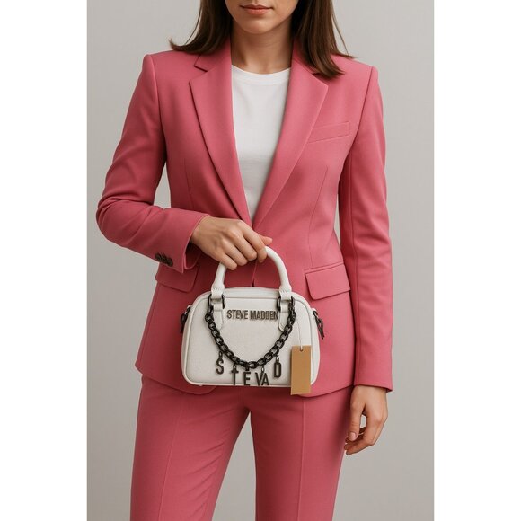 Steve Madden White Mini Barrel Satchel Bag With Chain Accent Adjustable Strap